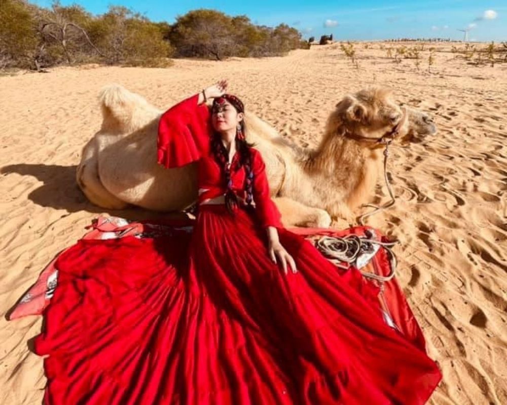 Girl-taking-pictures-with-camels-in-Mui-Ne